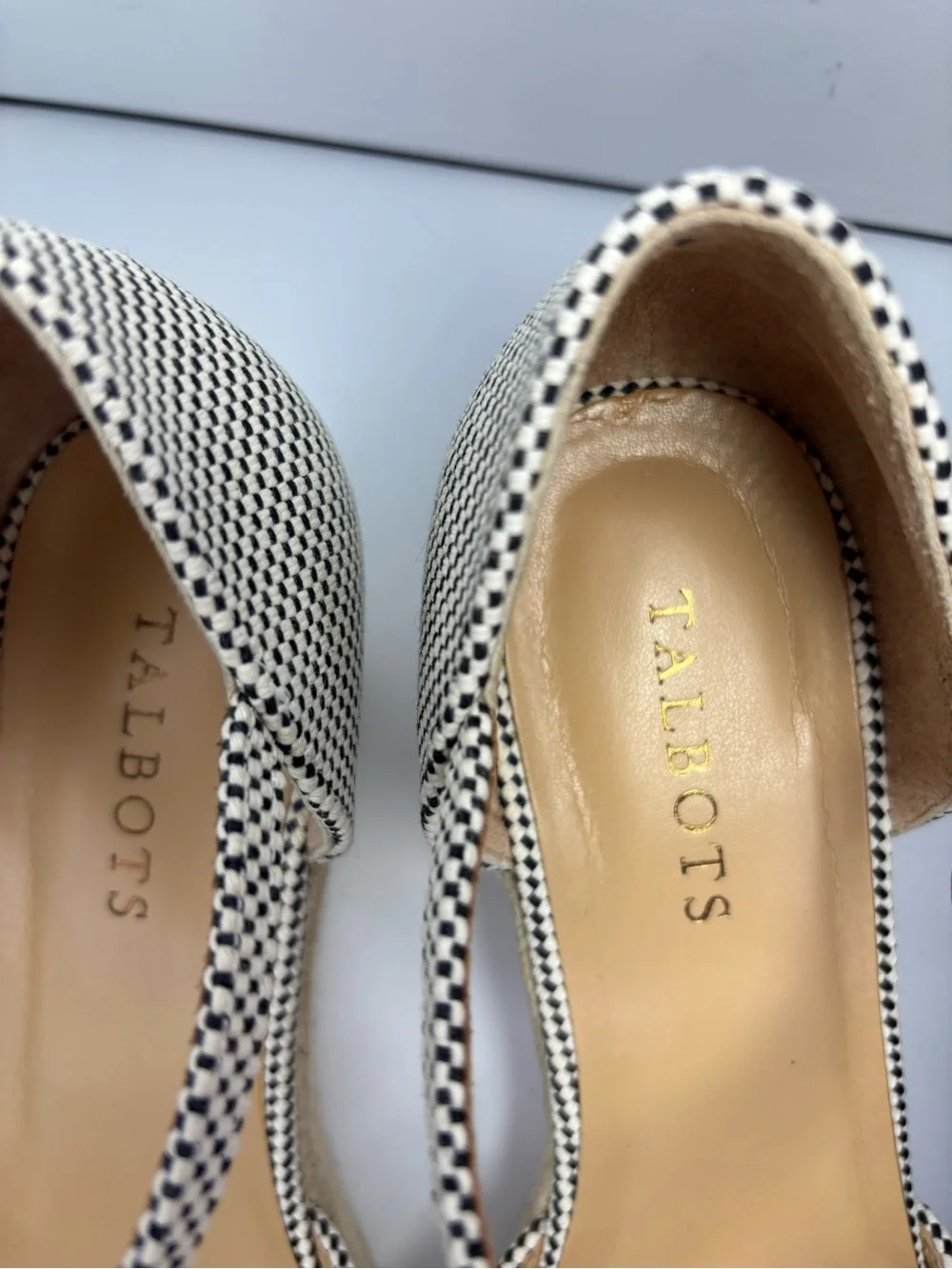 Talbots Black White Espadrille Wedge Shoes Colorful Pom Pom Ankle Strap 9
